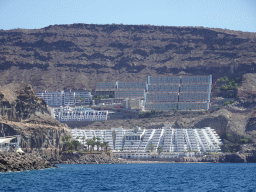 Hotels and the Playa Puerto De Mogan beach, viewed from the Sagitarius Cat boat