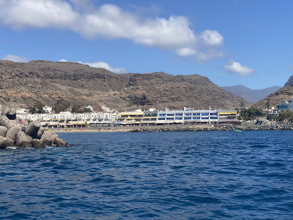 The Playa Puerto De Mogan beach, viewed from the Sagitarius Cat boat