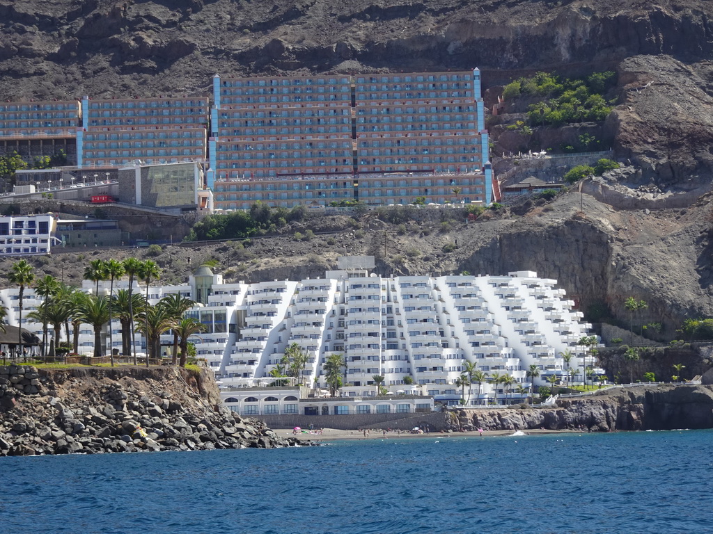Hotels at the Playa del Diablito beach, viewed from the Sagitarius Cat boat