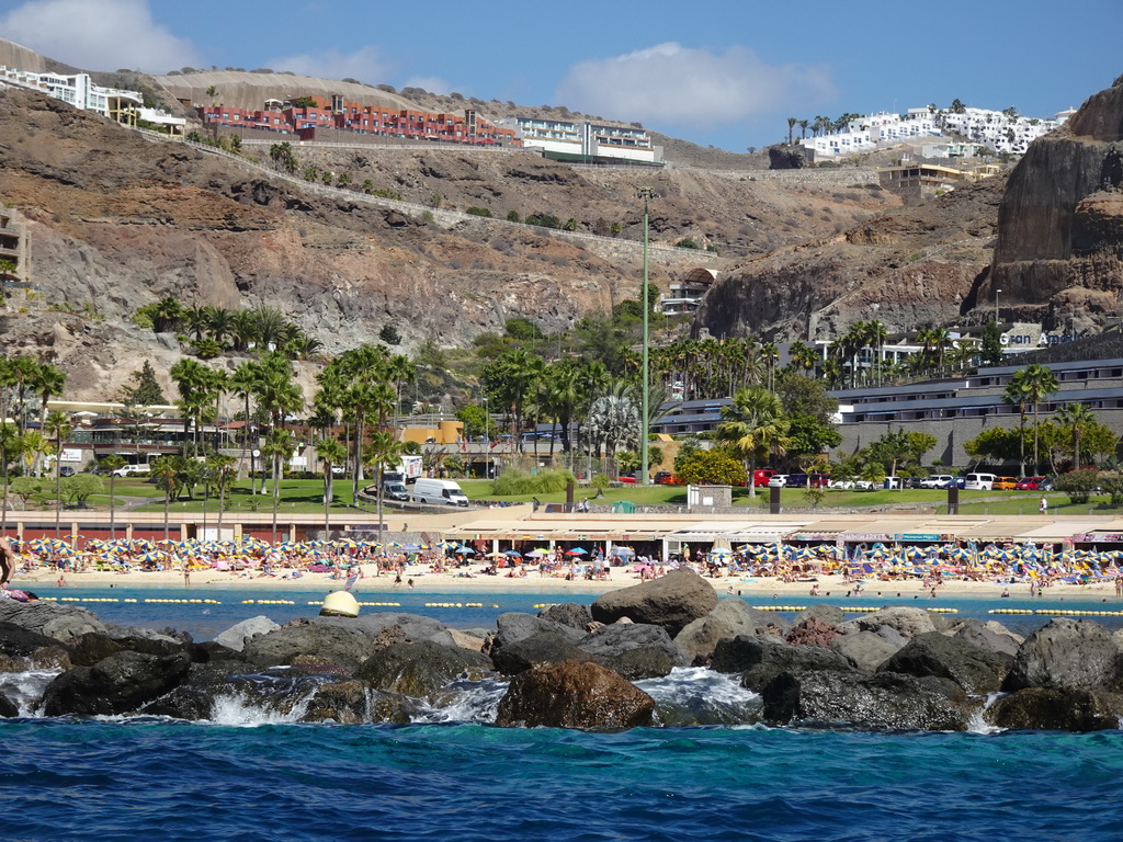 The Playa de Amadores beach, viewed from the Sagitarius Cat boat