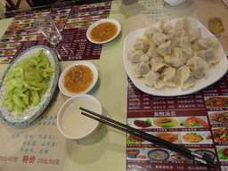 Dumplings and vegetables at our dinner restaurant at the crossing of Hubei Road and Henan Road