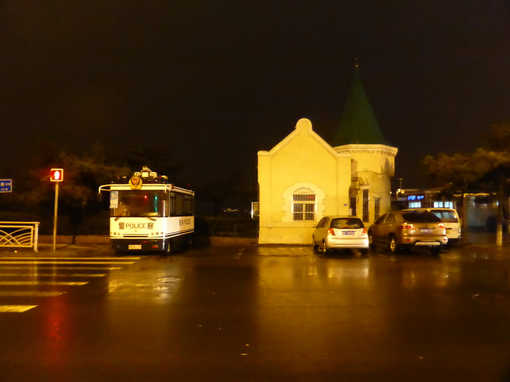 Old police bus and small house at Taiping Road, by night
