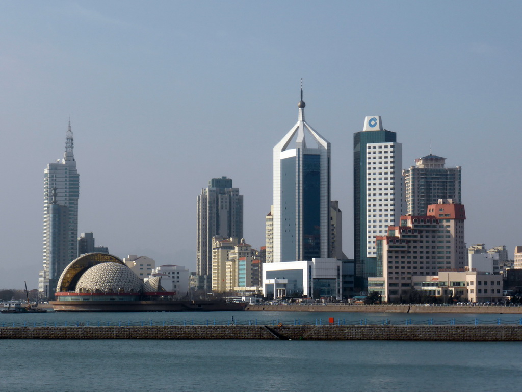 Qingdao Bay and skyscrapers and dome at the west side of the city, viewed from Taiping Road