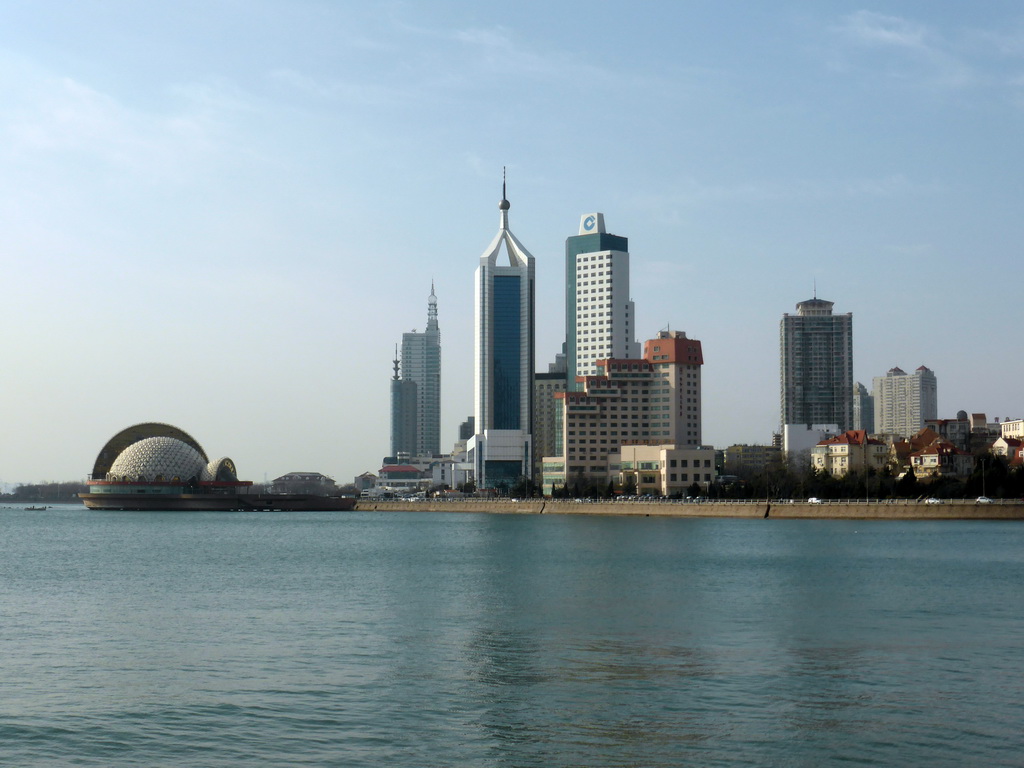 Qingdao Bay and skyscrapers and dome at the west side of the city, viewed from Taiping Road