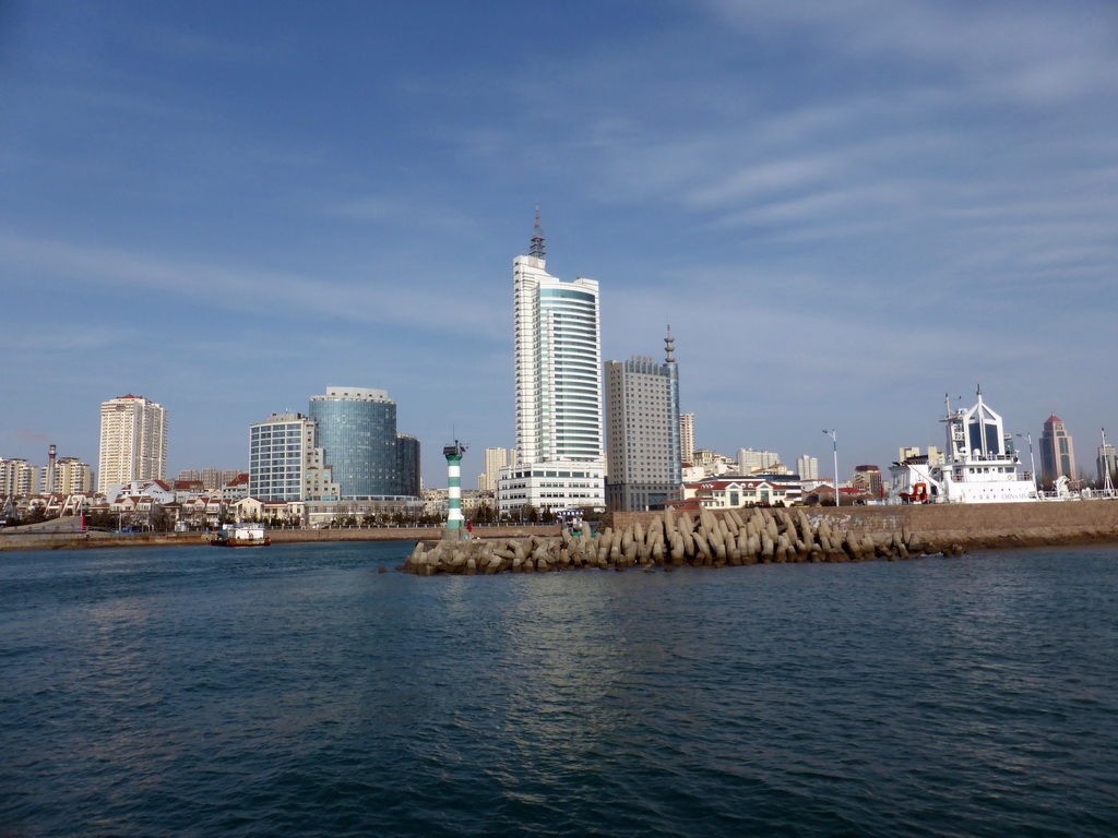 Pier at the Feiyang Yacht Warf and skyscrapers at the west side of the city, viewed from the tour boat