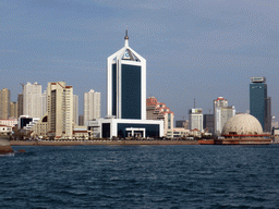 Qingdao Bay and skyscrapers and dome at the west side of the city, viewed from the tour boat