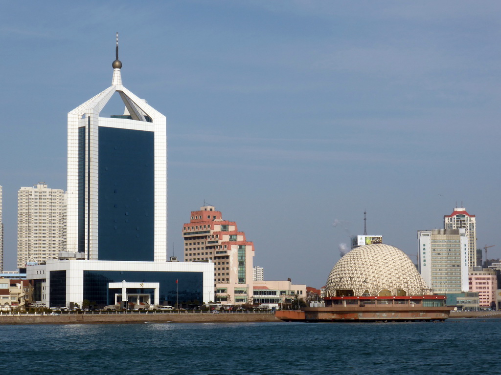 Qingdao Bay and skyscrapers and dome at the west side of the city, viewed from the tour boat