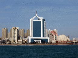 Qingdao Bay and skyscrapers and dome at the west side of the city, viewed from the tour boat