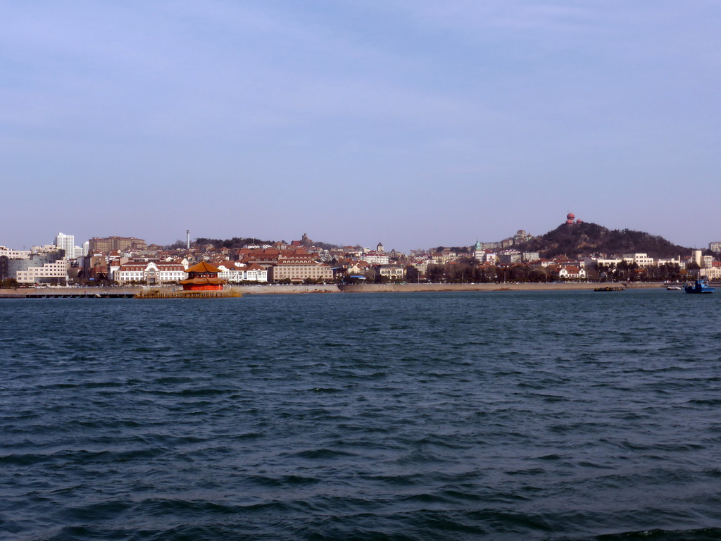 Qingdao Bay, Zhan Qiao pier, the beach at Taiping Road and the Xinhaoshan Park (Signal Hill Park), viewed from the tour boat