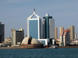 Qingdao Bay and skyscrapers and dome at the west side of the city, viewed from the tour boat