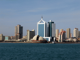 Qingdao Bay and skyscrapers and dome at the west side of the city, viewed from the tour boat