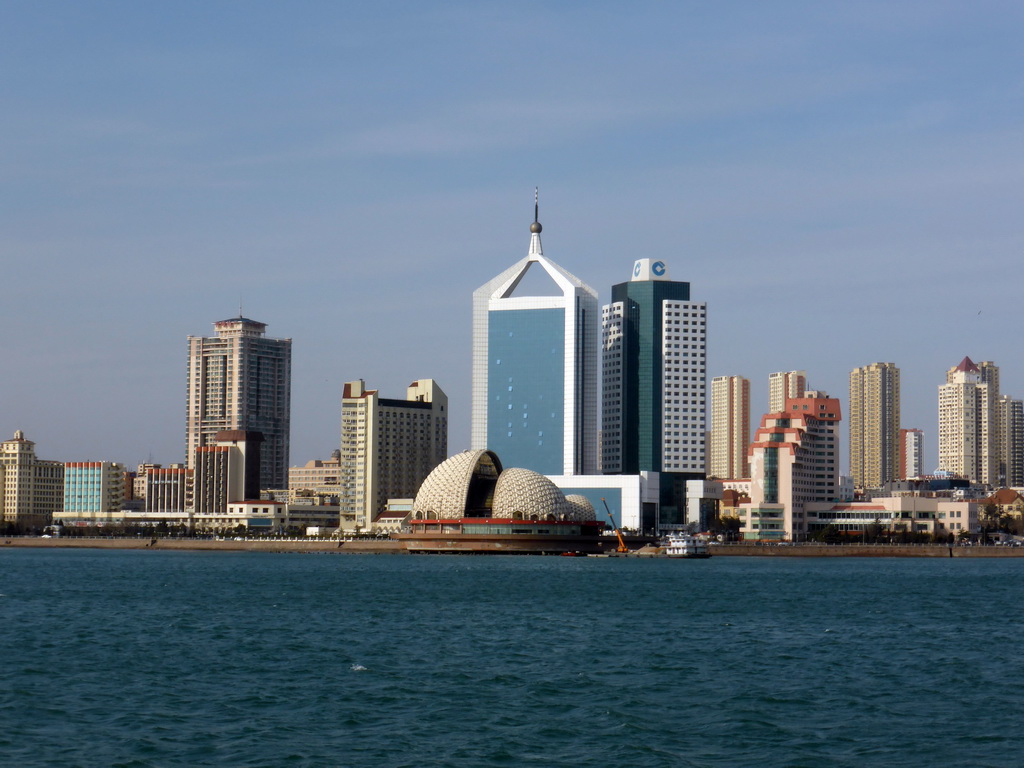 Qingdao Bay and skyscrapers and dome at the west side of the city, viewed from the tour boat