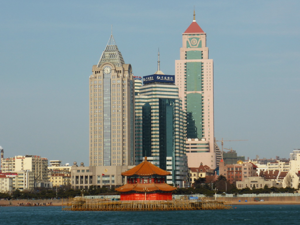 Qingdao Bay, Zhan Qiao pier, the beach at Taiping Road and skyscrapers at the city center, viewed from the tour boat