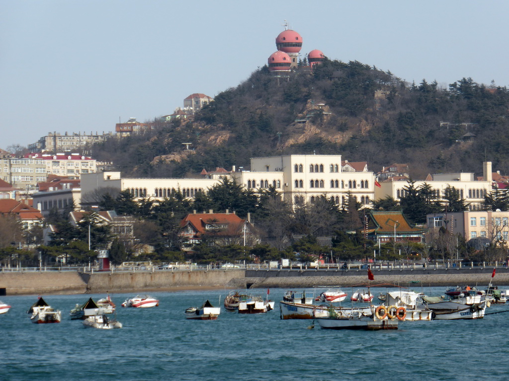 Boats in Qingdao Bay and the Xinhaoshan Park, viewed from the tour boat