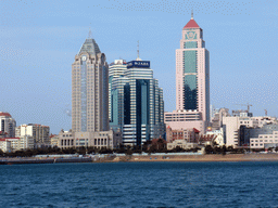 Qingdao Bay, the beach at Taiping Road and skyscrapers at the city center, viewed from the tour boat