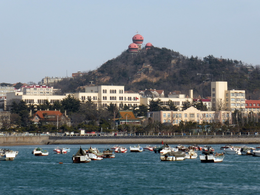 Boats in Qingdao Bay and the Xinhaoshan Park, viewed from the tour boat