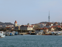 Boats in Qingdao Bay, the Qingdao TV Tower and the Qingdao Old Observatory, viewed from the tour boat