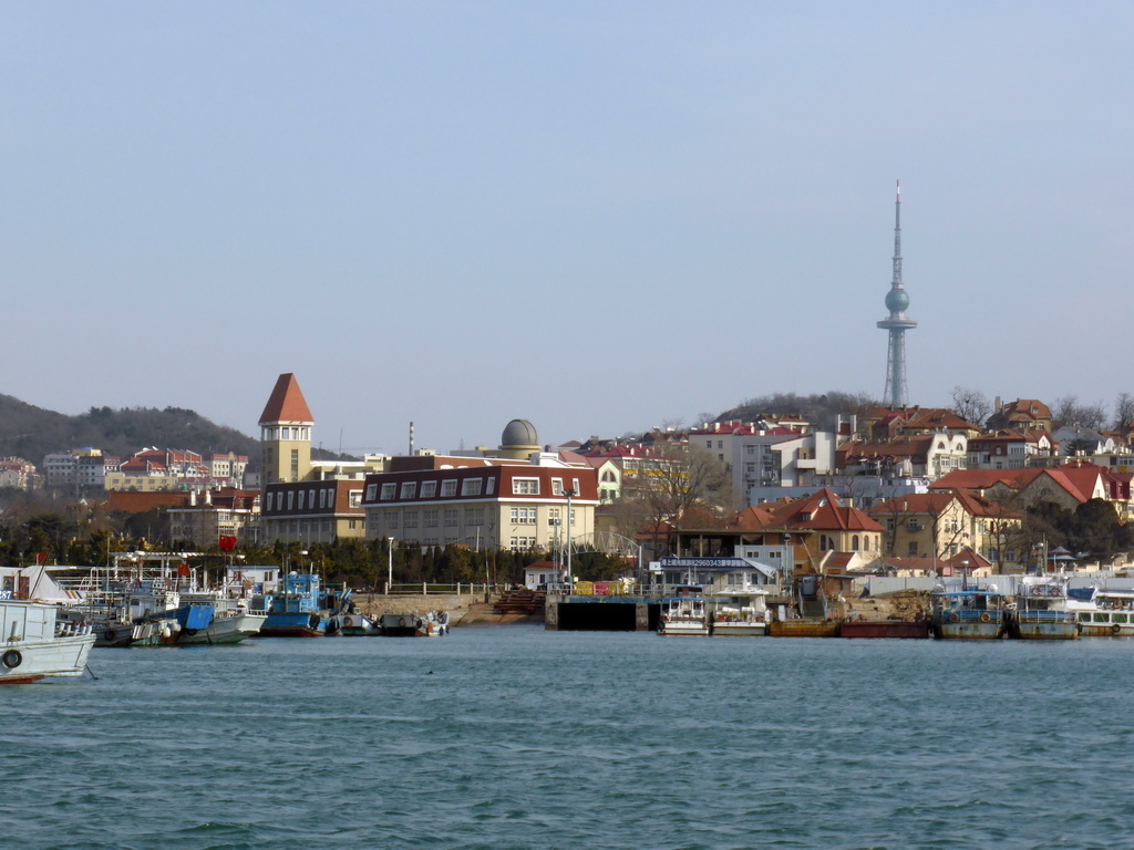 Boats in Qingdao Bay, the Qingdao TV Tower and the Qingdao Old Observatory, viewed from the tour boat