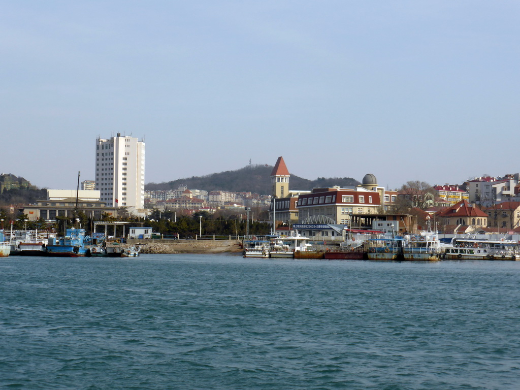 Boats in Qingdao Bay and the Qingdao Old Observatory, viewed from the tour boat