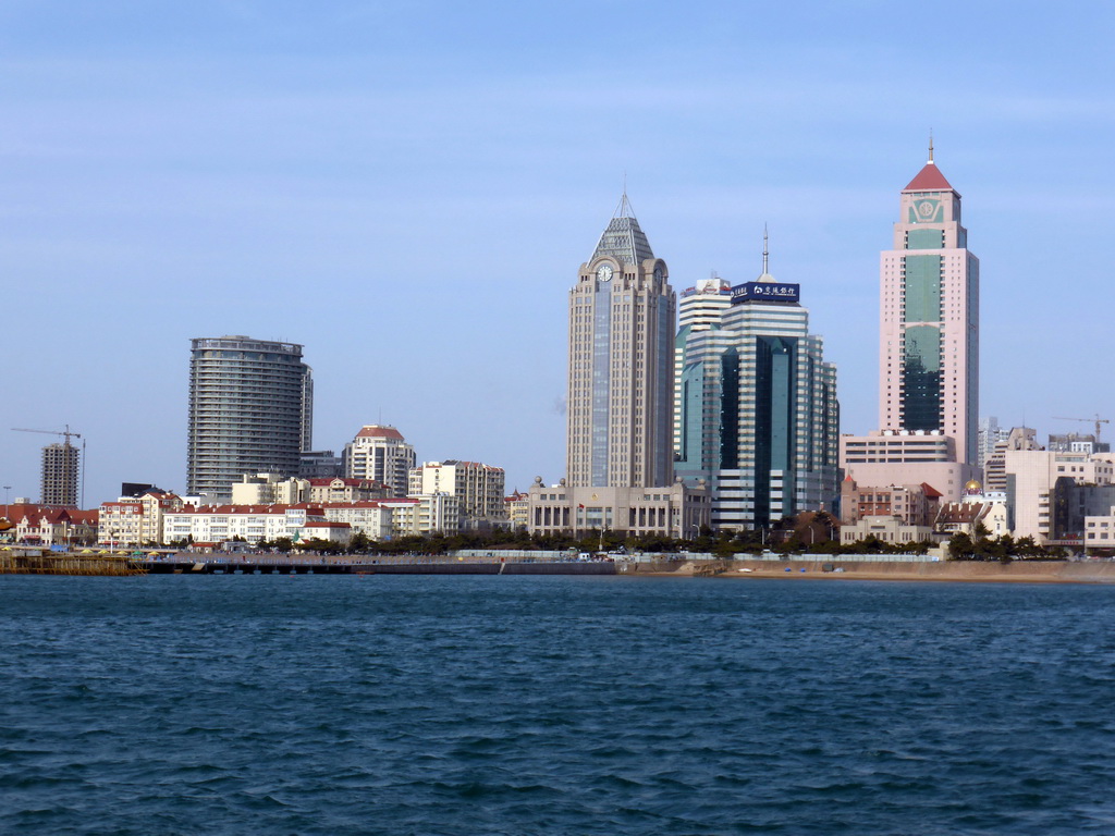 Qingdao Bay, the beach at Taiping Road and skyscrapers at the city center, viewed from the tour boat
