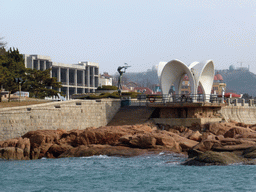 Pavilion and the Girl with Guqin Statue at Xiao Qingdao island, viewed from the tour boat