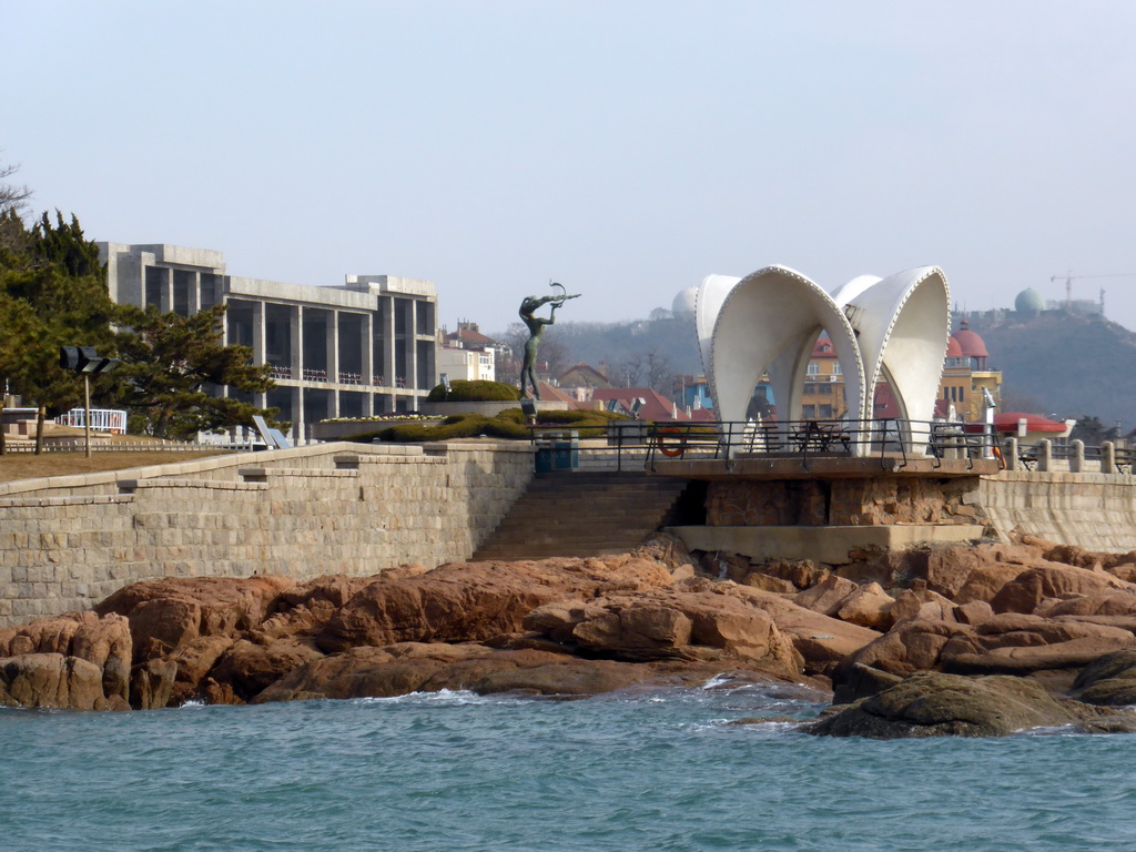 Pavilion and the Girl with Guqin Statue at Xiao Qingdao island, viewed from the tour boat