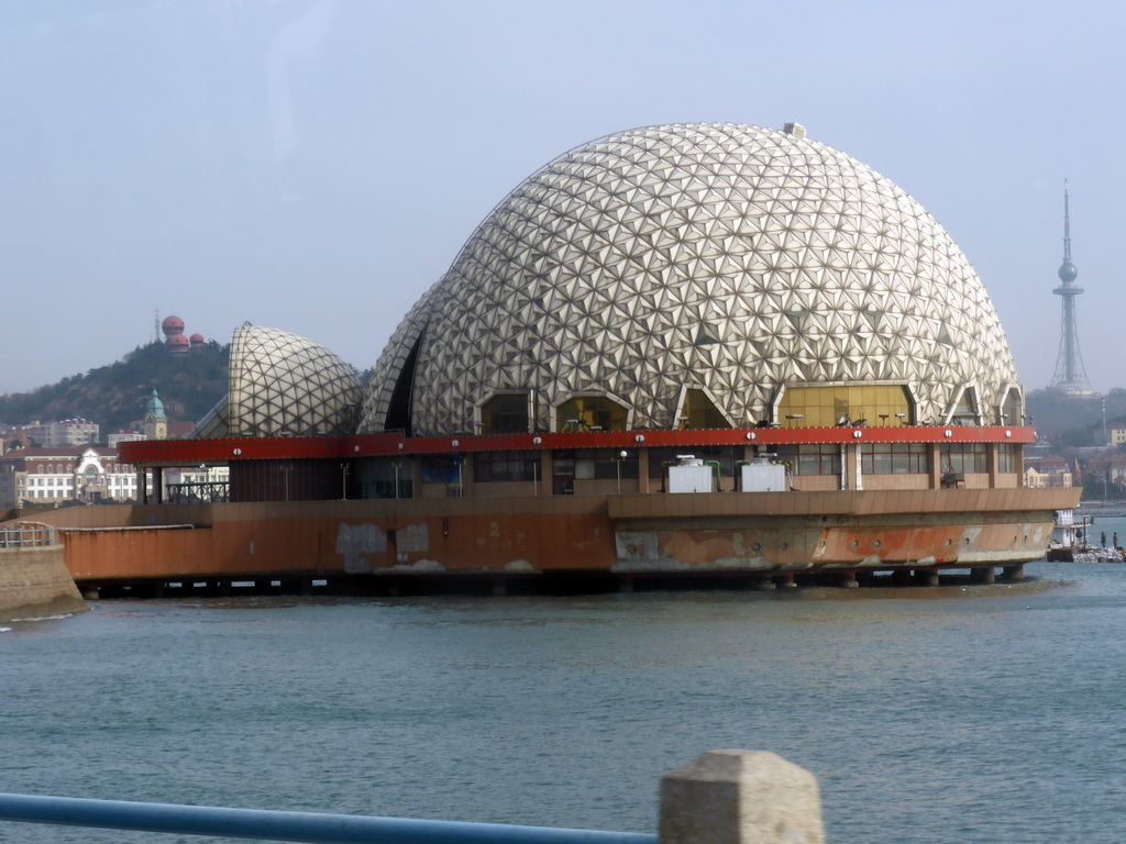 The dome at the west side of the city, Qingdao Bay, the Xinhaoshan Park and the Qingdao TV Tower, viewed from the bus to the Xinhaoshan Park