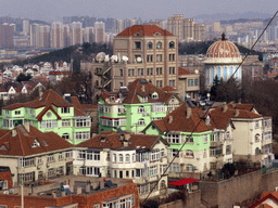 The Zhushui mountain and surroundings and a tower, viewed from the rotating sightseeing tower at the Xinhaoshan Park