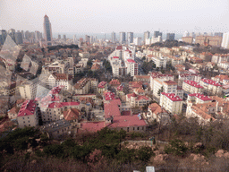 The city center with skyscrapers, St. Michael`s Cathedral and the Quanxiangshan Park, viewed from the rotating sightseeing tower at the Xinhaoshan Park