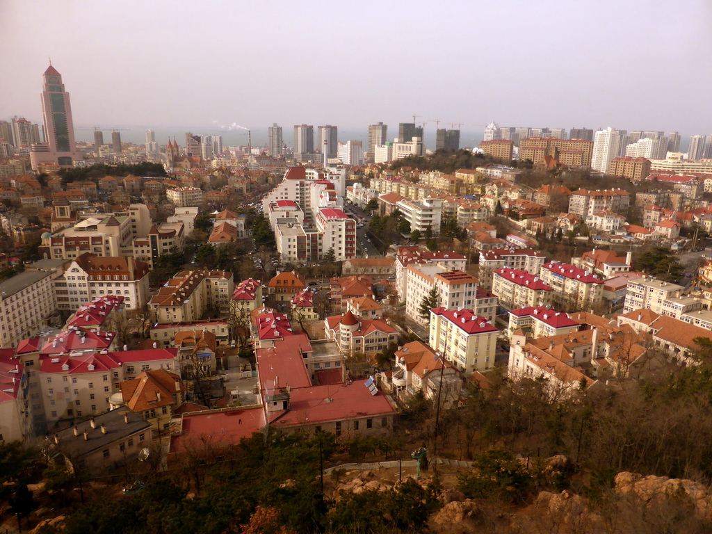 The city center with skyscrapers and St. Michael`s Cathedral, viewed from the rotating sightseeing tower at the Xinhaoshan Park