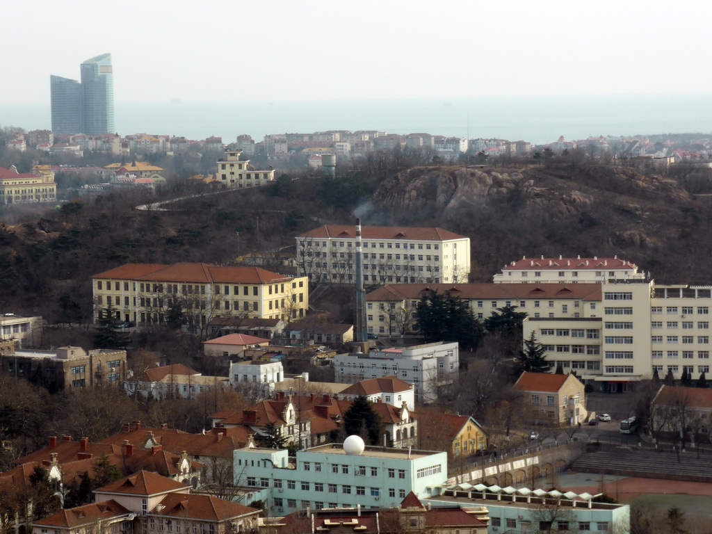 The Baguanshan mountain and surroundings and the Ocean University of China Stadium, viewed from the rotating sightseeing tower at the Xinhaoshan Park