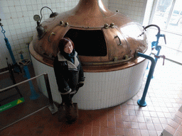 Miaomiao and a brew kettle, at the Tsingtao Beer Museum