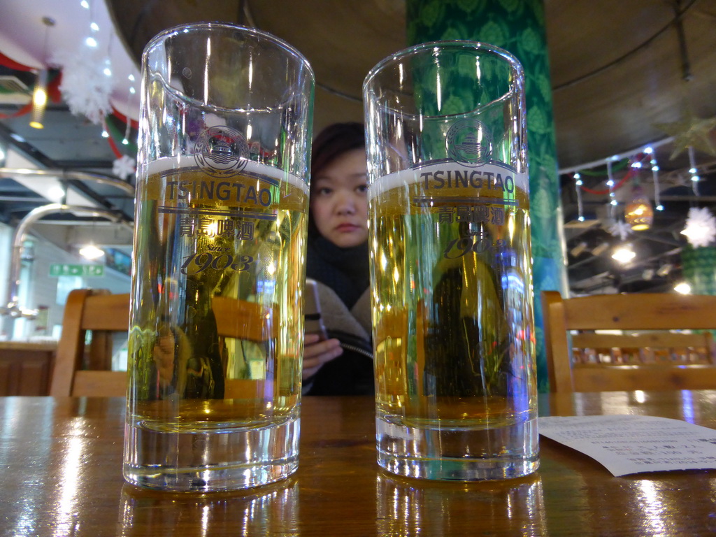 Miaomiao and two Tsingtao beers, at the Tsingtao Beer Museum