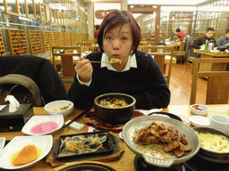 Miaomiao having dinner at the Zixiamen Korean restaurant at the World Trade Center