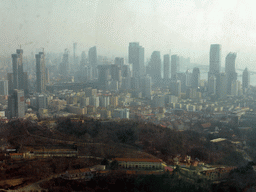 Skyscrapers at the east side of the city and the World Trade Center buildings, viewed from the highest indoor level at the Qingdao TV Tower