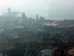 The Huiquan Square, the Qingdao Tiantai Stadium and Huiquan Bay, viewed from the highest indoor level at the Qingdao TV Tower