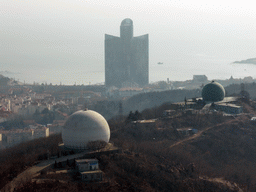 Two domes at the Qingdao Zongshan Park, the Majesty Mansion at Donghai West Road and Fushan Bay, viewed from the outdoor level at the Qingdao TV Tower