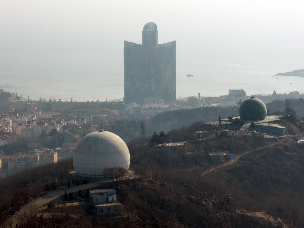 Two domes at the Qingdao Zongshan Park, the Majesty Mansion at Donghai West Road and Fushan Bay, viewed from the outdoor level at the Qingdao TV Tower