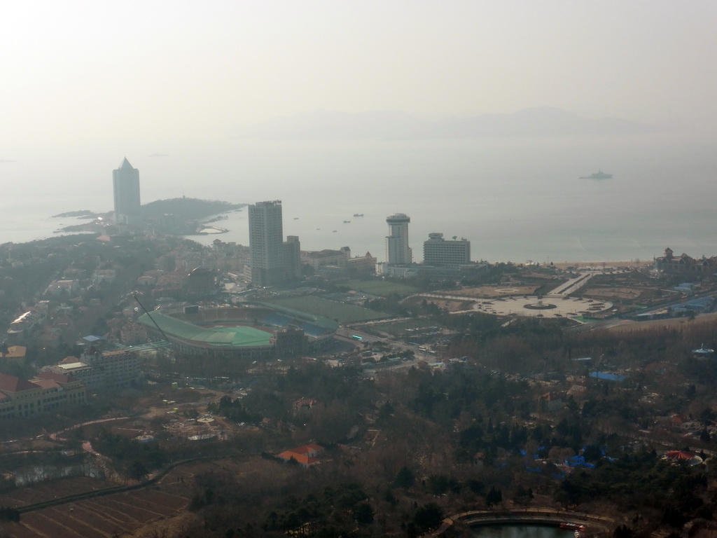 The Huiquan Square, the Qingdao Tiantai Stadium and Huiquan Bay, viewed from the outdoor level at the Qingdao TV Tower