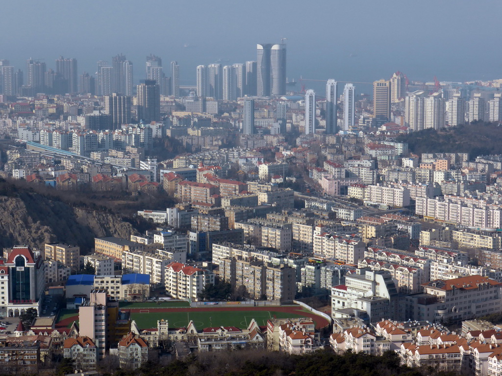 The northwest side of the city with the Qingdaoshan Fort Site, Zhuzhui Mountain and the Jiaozhou Bay, viewed from the outdoor level at the Qingdao TV Tower