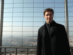 Tim at the outdoor level at the Qingdao TV Tower, with a view on the city center