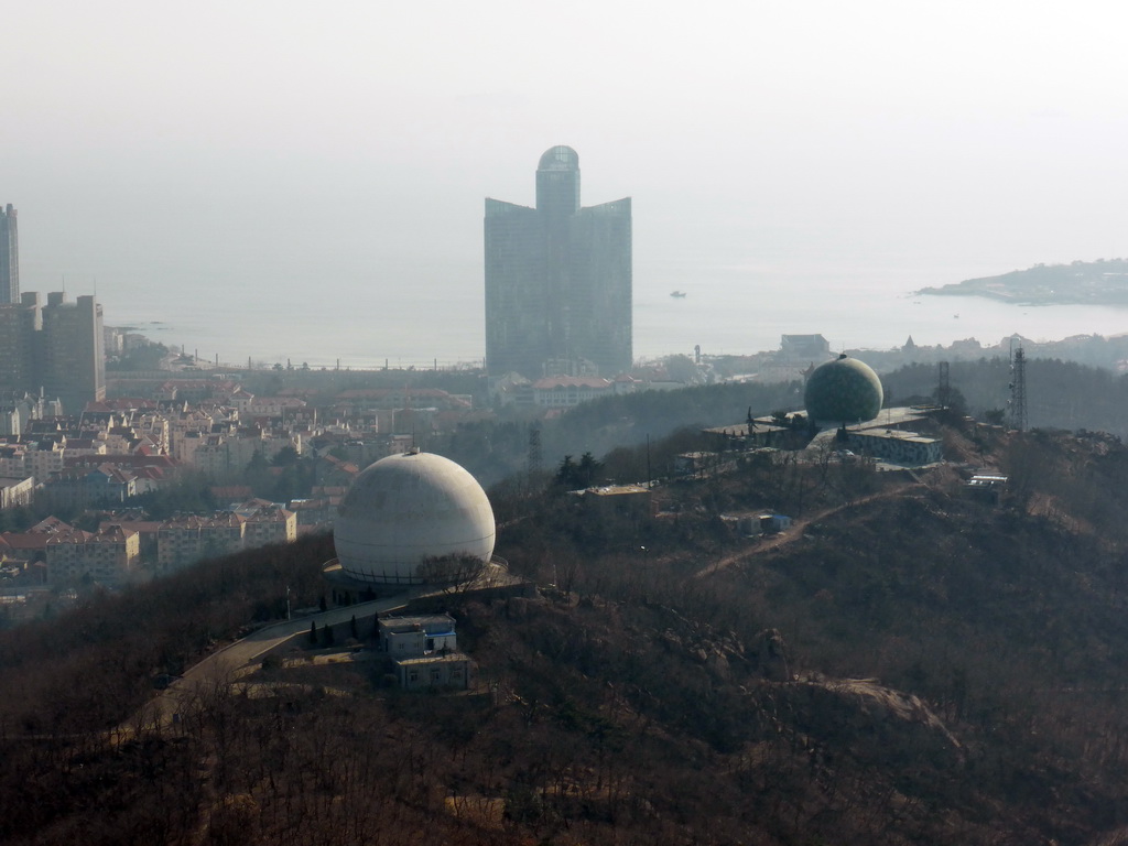 Two domes at the Qingdao Zongshan Park, the Majesty Mansion at Donghai West Road and Fushan Bay, viewed from the outdoor level at the Qingdao TV Tower