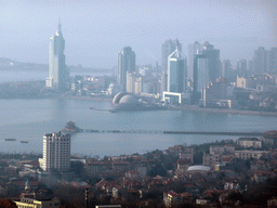 The city center, Zhan Qiao pier in Qingdao Bay and skyscrapers and dome at the west side of the city, viewed from the outdoor level at the Qingdao TV Tower