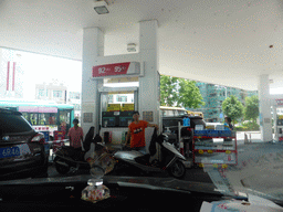 Gas station in the city center, viewed from the car