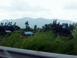 Trees and mountains, viewed from the car on the G98 Hainan Ring Road Expressway to Sanya