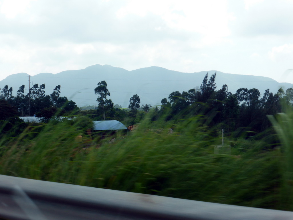 Trees and mountains, viewed from the car on the G98 Hainan Ring Road Expressway to Sanya