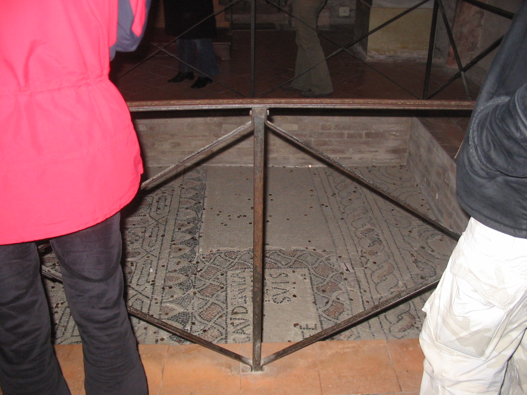 Mosaic on the floor of the Basilica di Sant`Apollinare in Classe church, under renovation