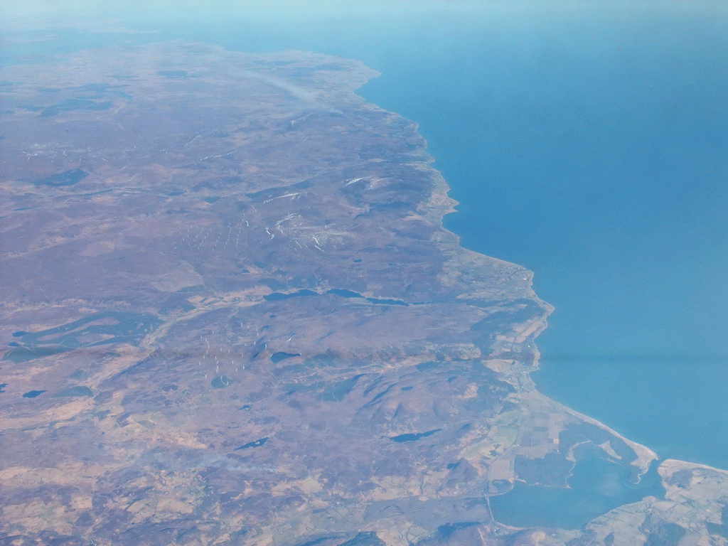 Loch Fleet and the towns of Golspie and Brora and surroundings in Scotland, viewed from the plane from Amsterdam