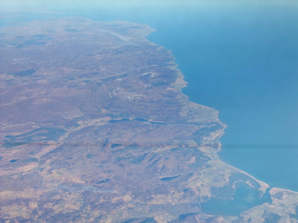 Loch Fleet and the towns of Golspie and Brora and surroundings in Scotland, viewed from the plane from Amsterdam