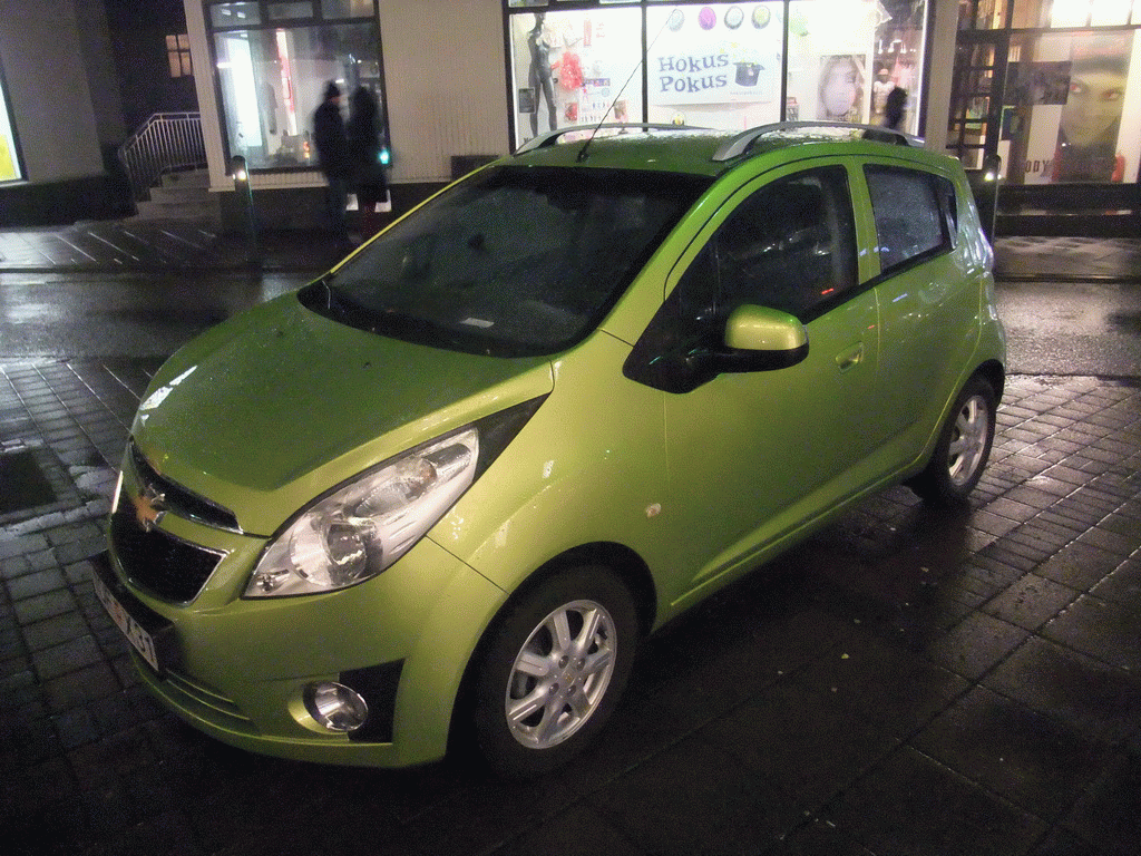 Our rental car parked in Laugavegur street, by night